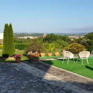 圣维森特-德拉巴尔克拉埃尔帕拉莫旅馆的草坪上两把白色椅子和盆栽植物
