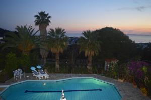 拉格尼西Villa Suites Lagonisi Luxury的棕榈树和日落的游泳池