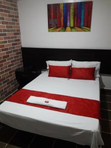 库库塔Hotel Valle de Beraca的一间卧室配有一张带红色枕头的床和一幅画