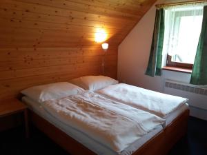 捷克布杰约维采Horska chata Svetlanka的木墙客房的一张床位