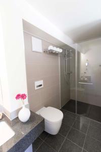 埃斯林根MAVO Hospitality by Büroma Apart Apartmentvermietung GmbH Esslingen的一间带卫生间和玻璃淋浴间的浴室