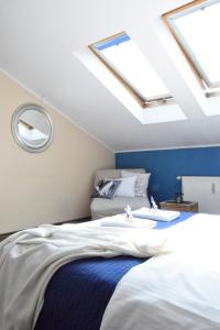 波兹南花卉公寓旅馆的一间卧室配有一张带天窗的床。