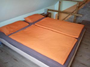 格拉尔-米里茨Haus Sonnenschein的一张带橙色床单和橙色枕头的床