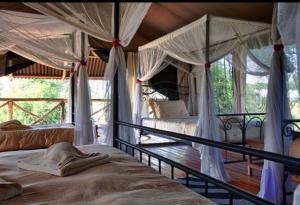 Kwa KuchiniaMbali Mbali Tarangire River Camp的一间卧室配有两张床和蚊帐