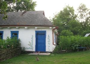 DmitrenkiKалиновий Kущ的院子里有蓝色门和猫的房子