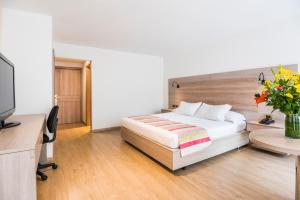 波哥大罗萨莱斯广场酒店的一间卧室配有一张床、一张书桌和一台电视