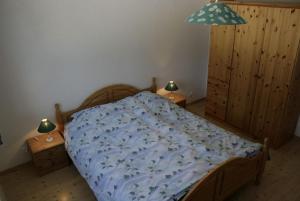 洛伊克赛里卡公寓的一间卧室配有一张带蓝色棉被的床