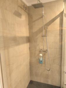 赫罗纳Apartament Margarit的带淋浴的浴室和玻璃门