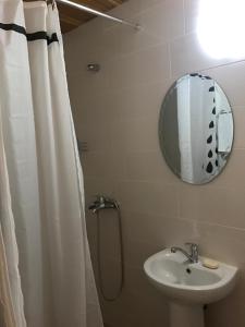 古达乌塔Guest House na Vozba 9A的浴室配有淋浴帘和盥洗盆。