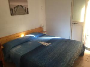 特罗佩阿Casa Vacanze Calabria的一间卧室配有一张蓝色的床和木制床头板