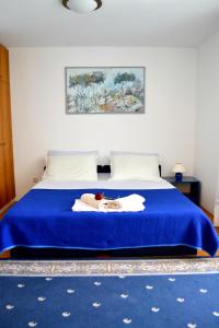 斯普利特Rooms Lux的一间卧室配有蓝色的床和蓝色的毯子