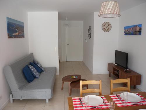 昂代HENDAYE- T2 3*-Wifi-350m plage-terrasse-garage的客厅配有沙发和桌子