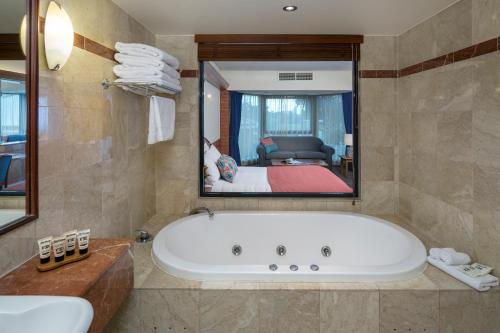 阿德莱德阿卡巴酒店的一间带浴缸和大镜子的浴室