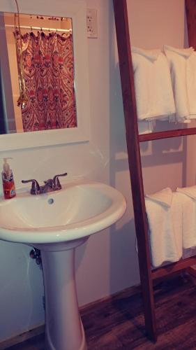 潘圭奇Wonder Inn Outback的浴室配有盥洗盆、镜子和毛巾