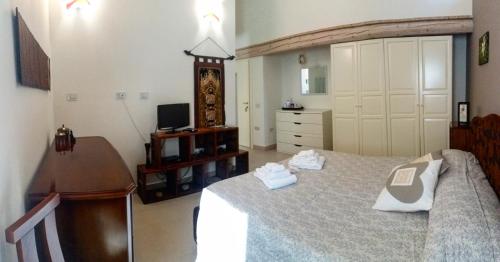 阿夸拉尼亚B&B Aquilegia的一间卧室配有一张床、一张书桌和一台电视