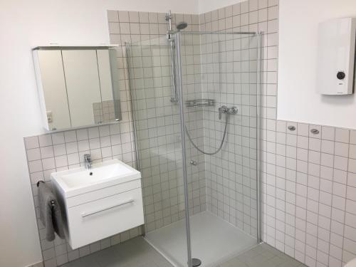 不来梅港BusinessInn.de Aparthotel Bremerhaven的带淋浴、盥洗盆和镜子的浴室
