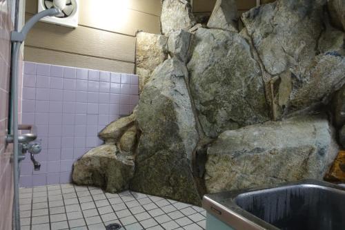鸟取市胡木达旅馆的一间带岩石墙和水槽的浴室