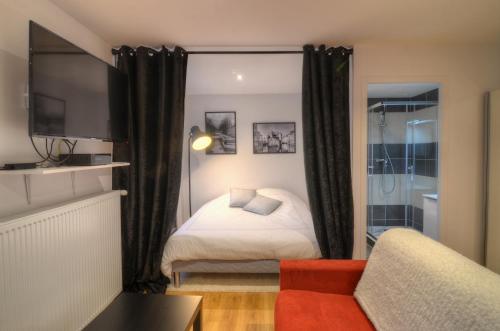 安锡Les Quais d'Annecy的一间卧室配有一张床、一台电视和一张沙发