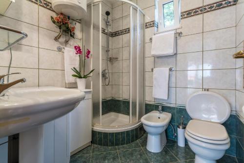 塞维德Villa Fonte的浴室配有卫生间、盥洗盆和淋浴。