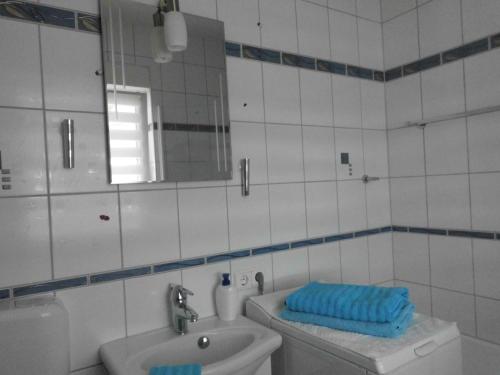 诺伊鲁平Bungalow Idylle Am See的一间带水槽、卫生间和镜子的浴室