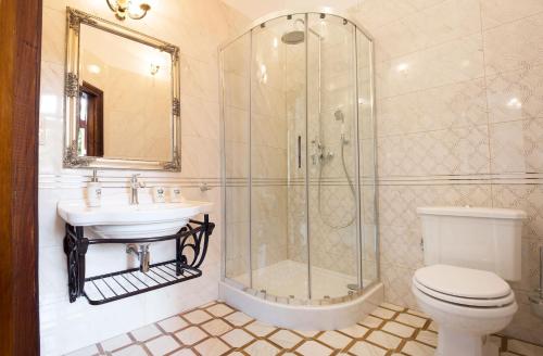 乌斯特卡Villa Mistral的带淋浴、盥洗盆和卫生间的浴室