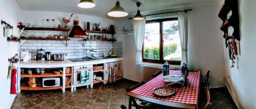 索瓦塔Casa cu Aburi Sovata的厨房配有柜台、桌子和窗户