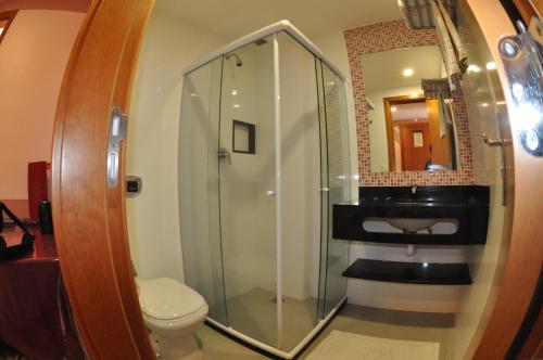 里约热内卢巴朗多弗拉门戈酒店（仅接待成人）的一间带玻璃淋浴和卫生间的浴室