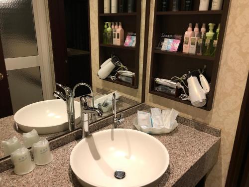 龟山萨瑞赛奇国际店（仅限成人）的浴室的柜台设有水槽和镜子