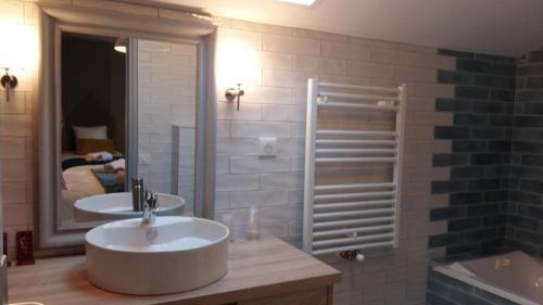 圣皮索内维尔Hotel Mendionde的一间带两个盥洗盆和大镜子的浴室