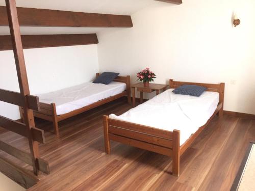 奥雷龙圣但尼Alizés的铺有木地板的客房内的两张床