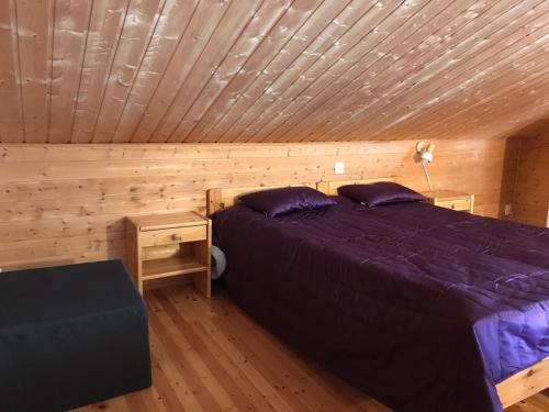 萨利色尔卡Panoraama 3的一间卧室设有两张床和木制天花板