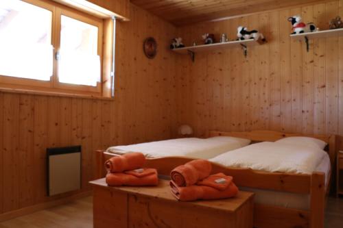圣皮埃尔堡彻兹维罗伯纳德公寓的配有木墙和窗户的客房内的两张床