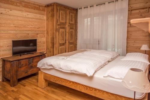 萨奥兹-杜尔克斯Appartamenti & Wellness Piero Gros的一间卧室配有一张床和一台平面电视