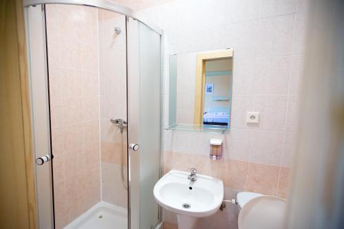 Fryšava优卢布酒店的浴室配有卫生间、盥洗盆和淋浴。