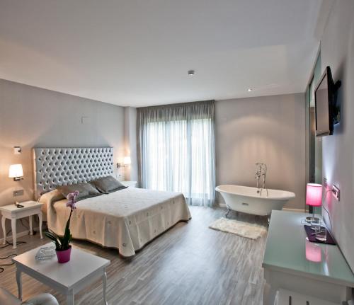阿尔泰霍阿利克斯精品酒店的一间卧室配有一张床、一个浴缸和一个水槽