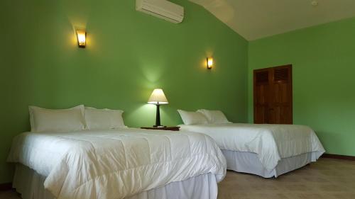 蓬塔戈尔达Mahogany Villas的绿墙客房内的两张床
