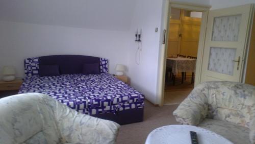 VětřníByt - apartman的一间卧室配有一张床、一张沙发和一张桌子