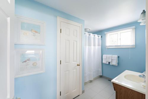 South ChathamChatham Tides的浴室设有蓝色的墙壁和白色的盥洗盆。