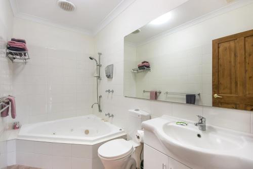 阿马代尔考兰达山林小屋的带浴缸、盥洗盆和卫生间的浴室