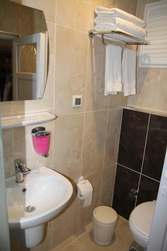 梅尔辛Dostlar Hotel的一间带水槽、卫生间和镜子的浴室