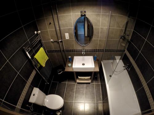布达佩斯英雄之家公寓的一间带水槽、卫生间和镜子的浴室