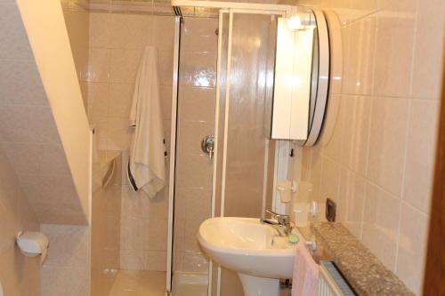 科雷多Appartamento Widmann的带淋浴、盥洗盆和卫生间的浴室