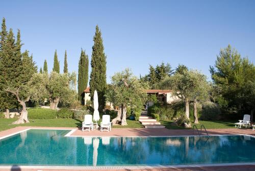 孔韦尔萨诺Casa vacanze Leralora的一个带两把草坪椅和树木的游泳池