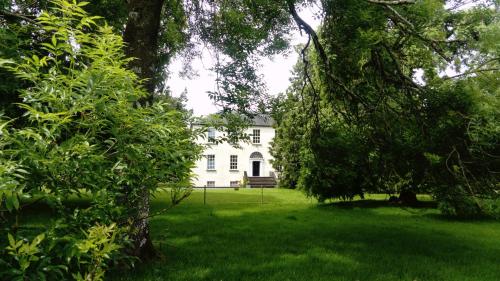朗福德Augherea House的一座白色的房子,位于一个树木繁茂的院子中间