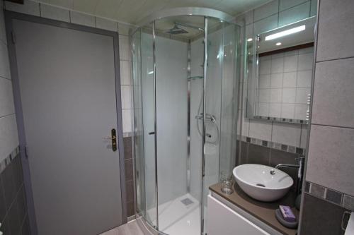 沃洛格河畔格朗热莱斯占姆奥克斯住宿加早餐旅馆的一间带玻璃淋浴和水槽的浴室