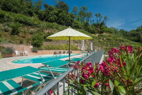 斯培西亚格里物里维迪蒙塔尔巴诺酒店的一个带遮阳伞和紫色鲜花的游泳池