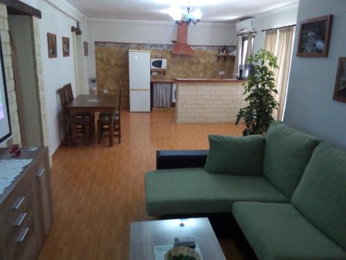 埃尔博斯克Casa Rural Majaceite的一间带绿色沙发的客厅和一间厨房