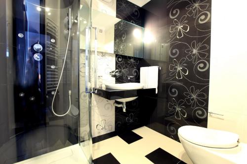 布加勒斯特安比恩斯酒店的带淋浴、卫生间和盥洗盆的浴室