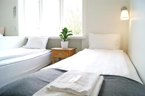勒托普Alvaret Hotel & Hostel的一间小卧室,配有两张床和窗户