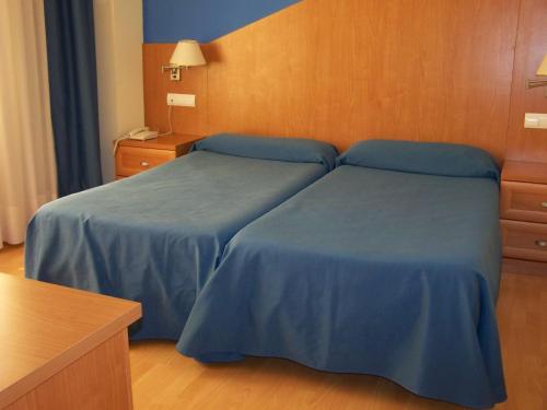 洛雷多Hotel Estrella del Alemar的两张位于酒店客房的床,配有蓝色床单